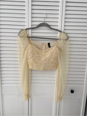 Windsor Cream Sheer Dot Puff-Sleeve Crop Top
